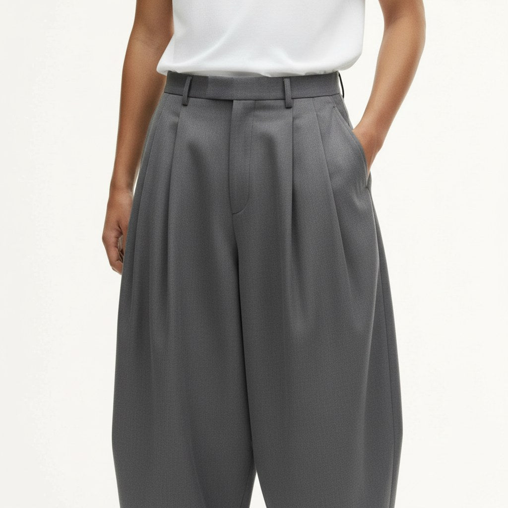 Monpe balloon pants on model, detail view of the fabric and construction