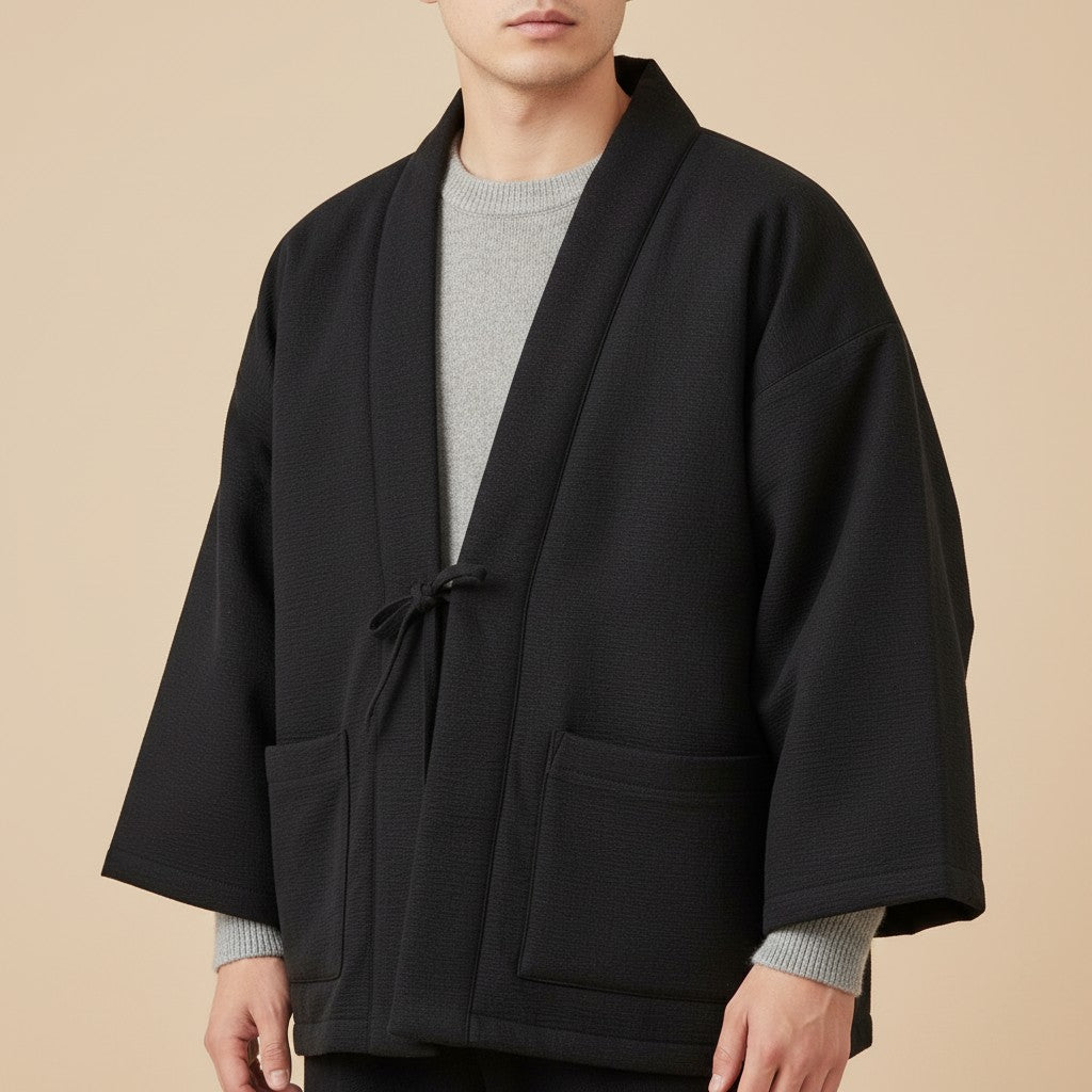 Padded black hanten jacket with a crossed collar, cord tie and patch pockets