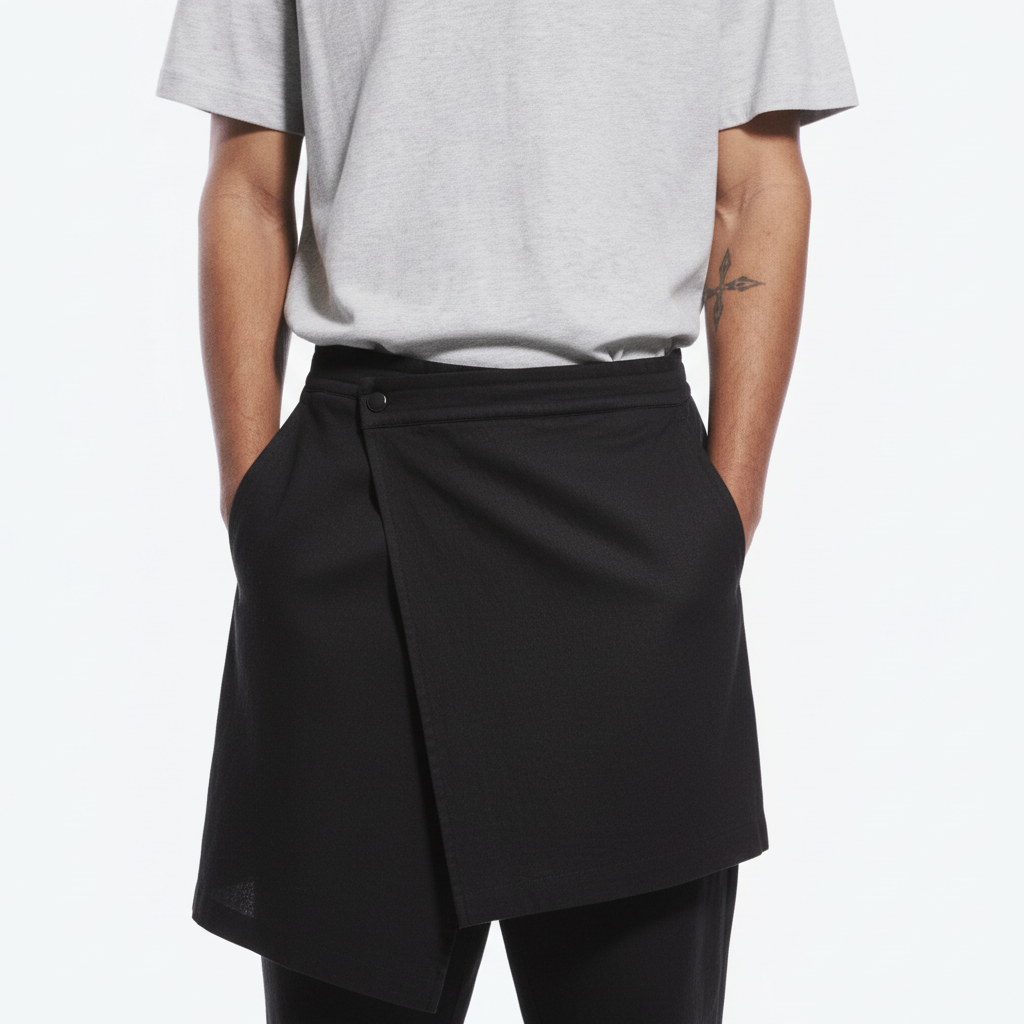 Men's Dark Cotton Hakama Pants on model in black, close detail of the wrap panel and ties