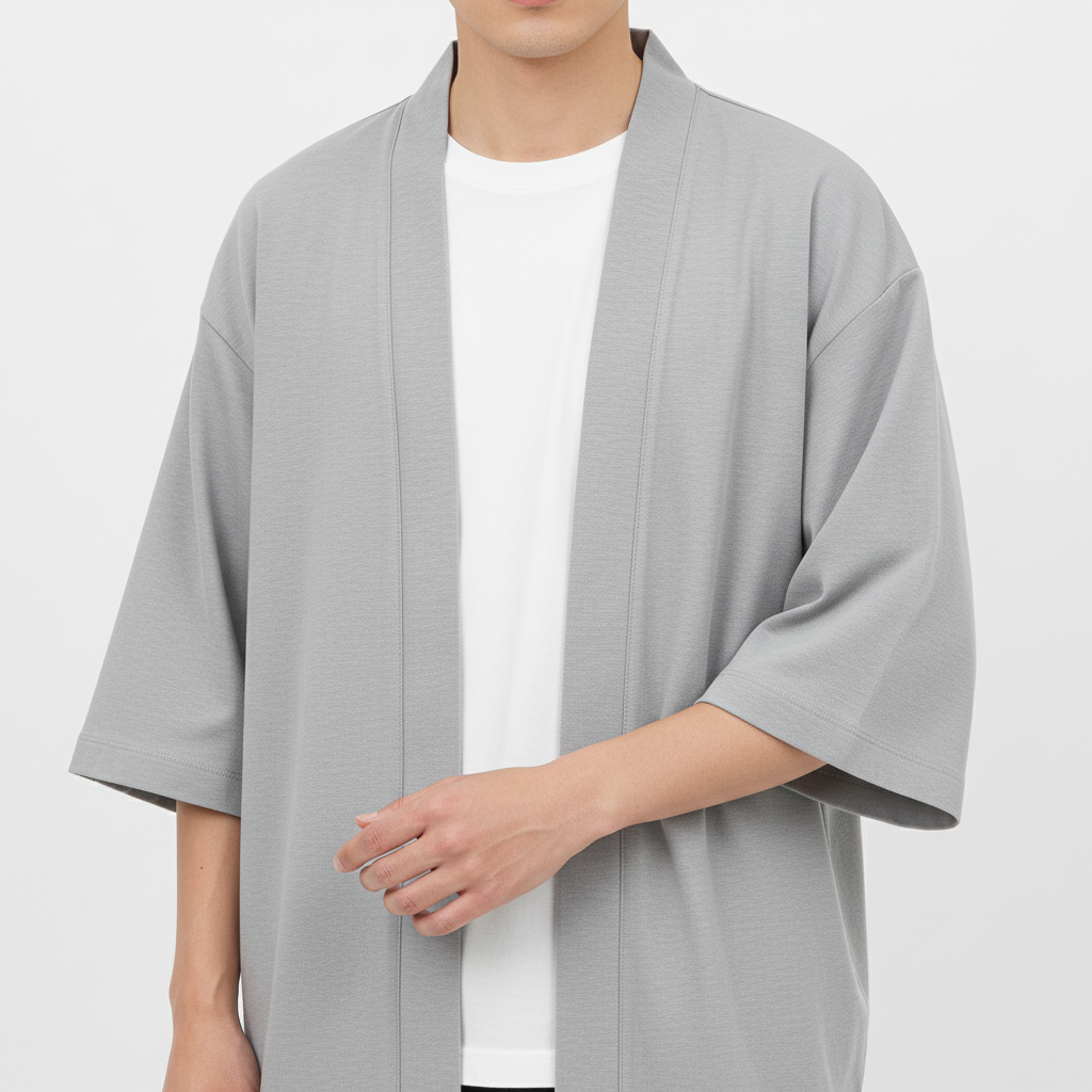 Summer haori jacket on model, detail of the fabric and construction