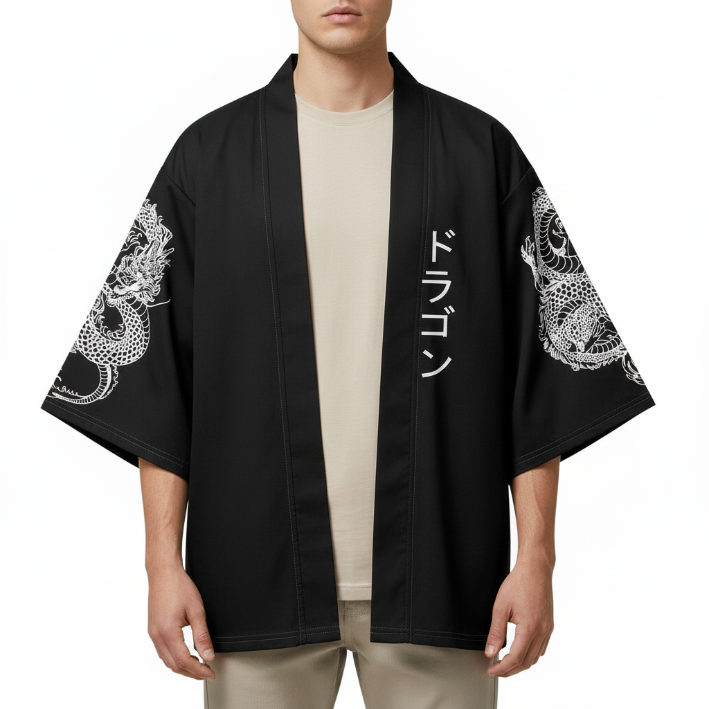 Men's Dragon Kimono, Dragon Sleeve Print Jacket, detail