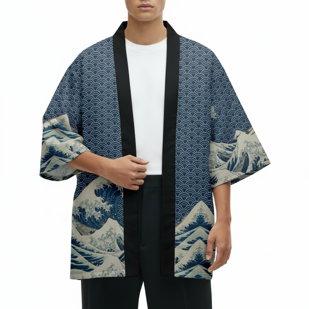 Men's Wave Kimono, Seigaiha and Great Wave Print, detail