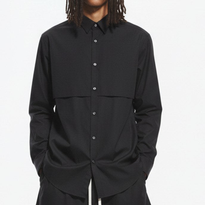 Layered longline shirt on model, detail view of the fabric and construction