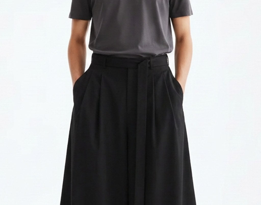 Wide hakama skirt pants on model, detail of the fabric and construction