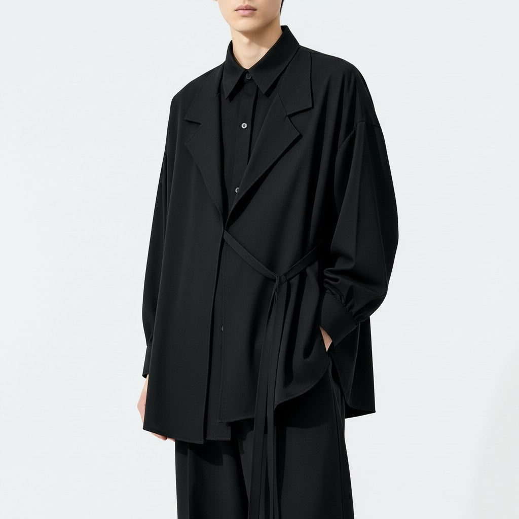 Long draped lyocell shirt on model, detail view of the fabric and construction
