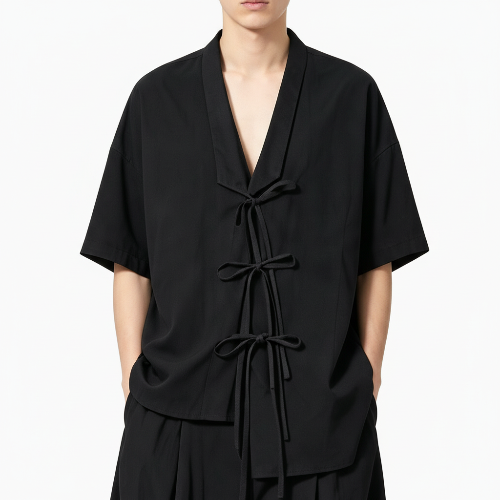 Tie-front jinbei on model, close view of the fabric and construction