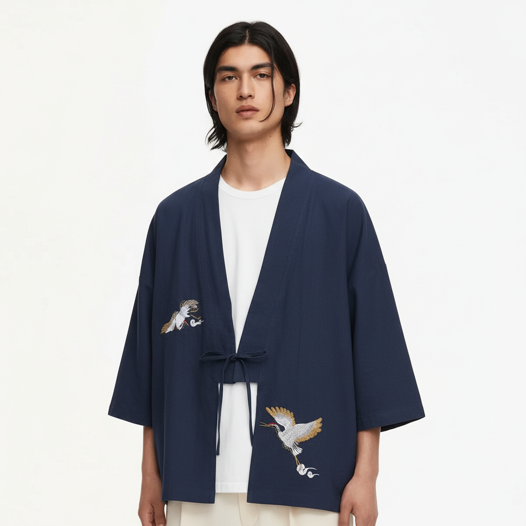 Crane embroidered kimono jacket on model, detail of the fabric and construction