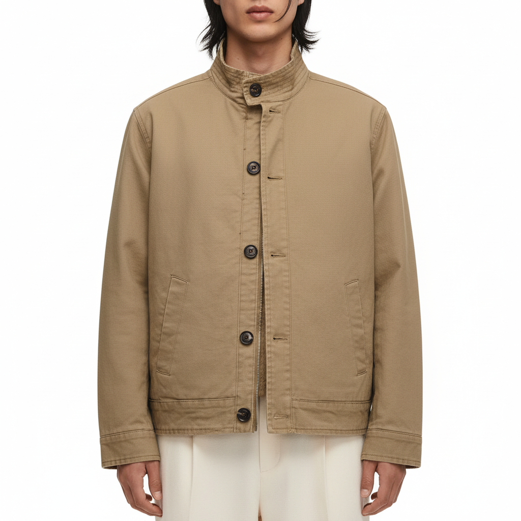 Lined washed canvas jacket on model, detail of the fabric and construction
