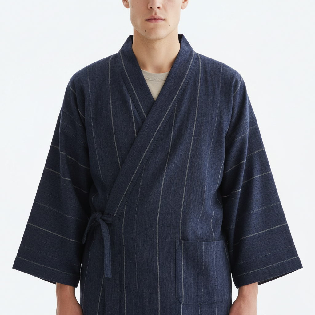 Men's dark blue kimono, navy stripe, close-up