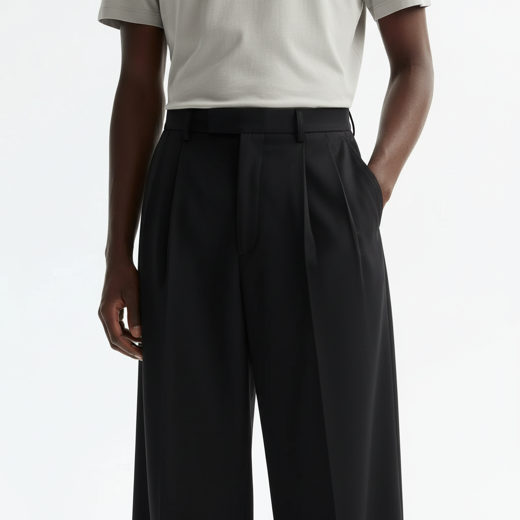 Wide Leg Pleated Suit Trousers on model in black, detail view of the double forward pleats