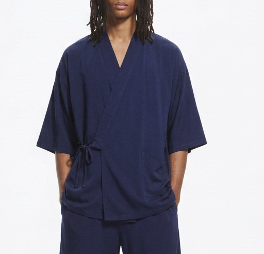 Modal jinbei set on model, detail of the fabric and construction