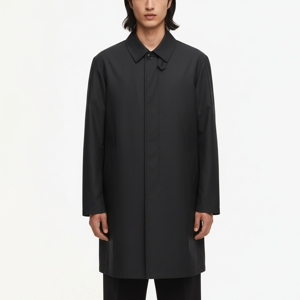 Business Water-Repellent Stand Collar Lightweight Loose Fit Slimming Long Trench Coat on model - Black - detail