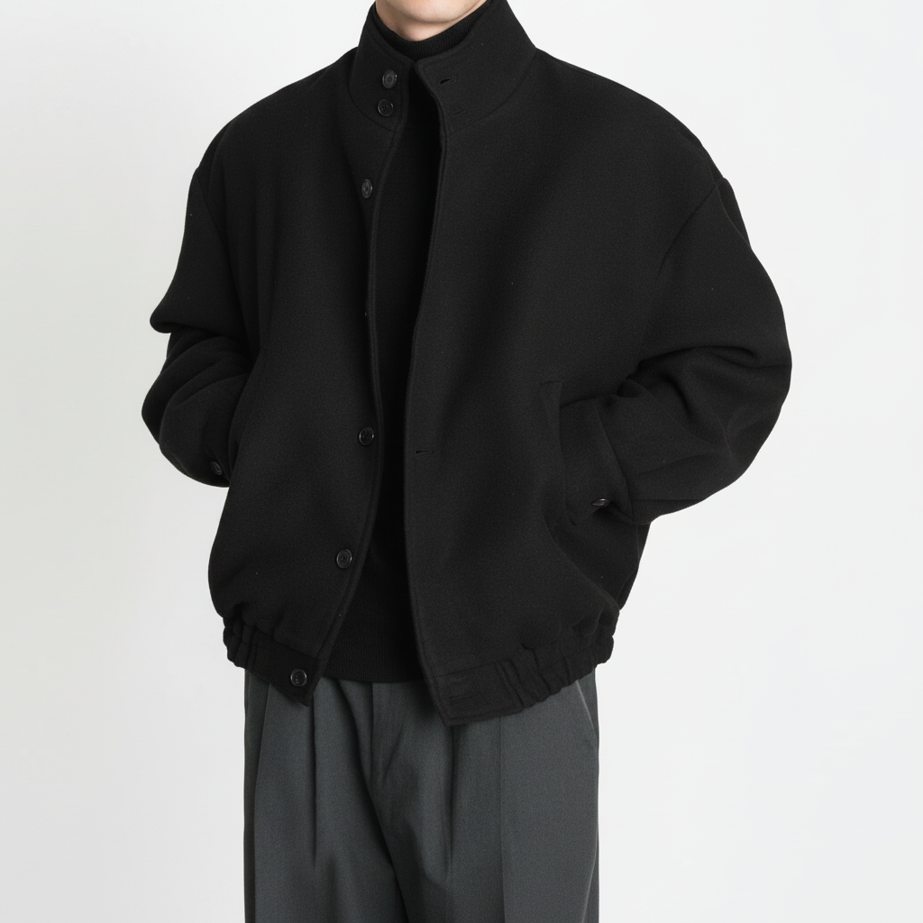 Stand Collar Blouson Jacket on model in black, detail view of the snap front and elasticated band