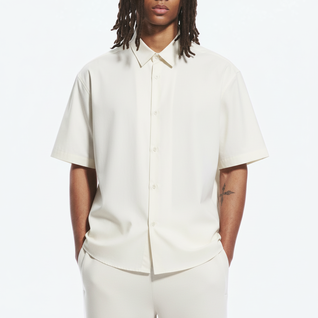 Japanese button up shirt on model in white, close view