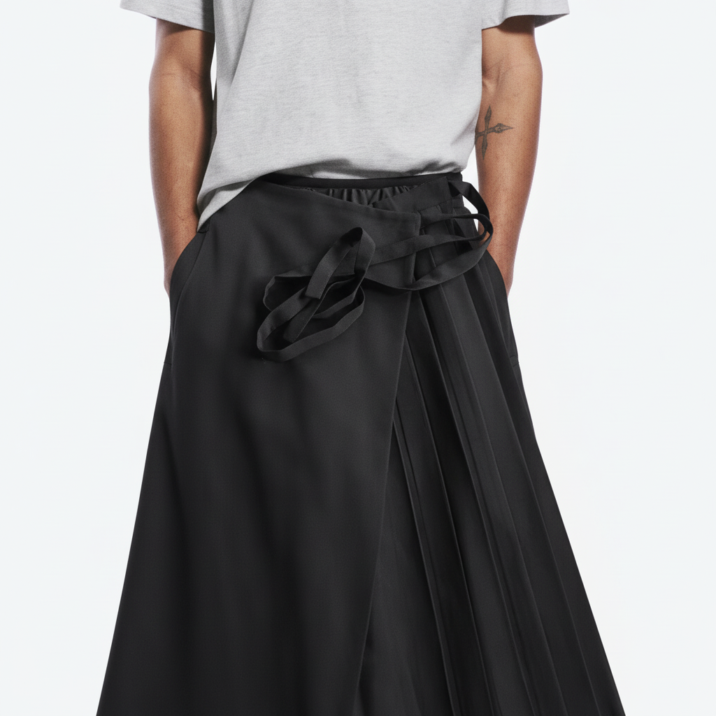 Pleated samurai hakama on model, close view of the pleated wrap panel and tie