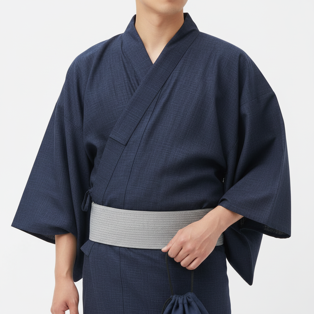 Men's blue yukata, navy, close-up
