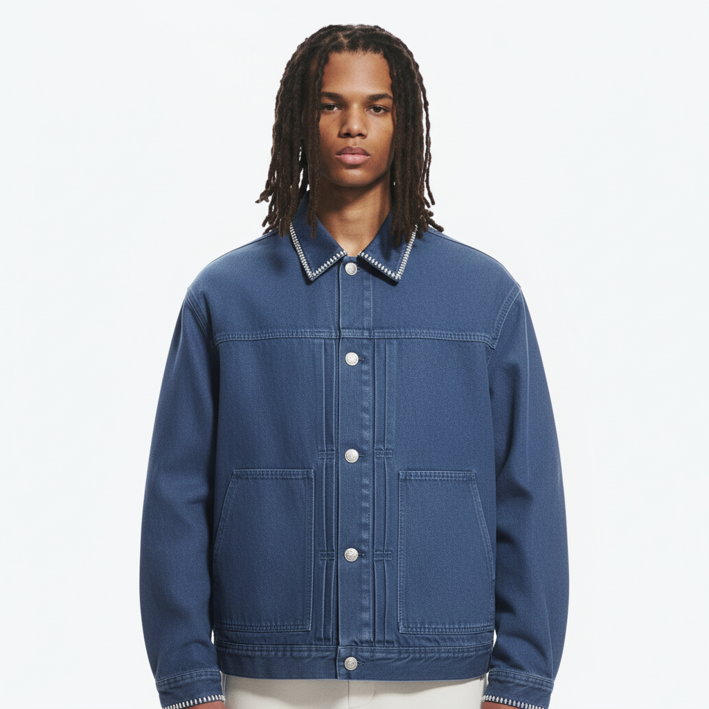 Trendy Winter Japanese Retro Washed Canvas Workwear Cotton Padded on model - Blue - detail