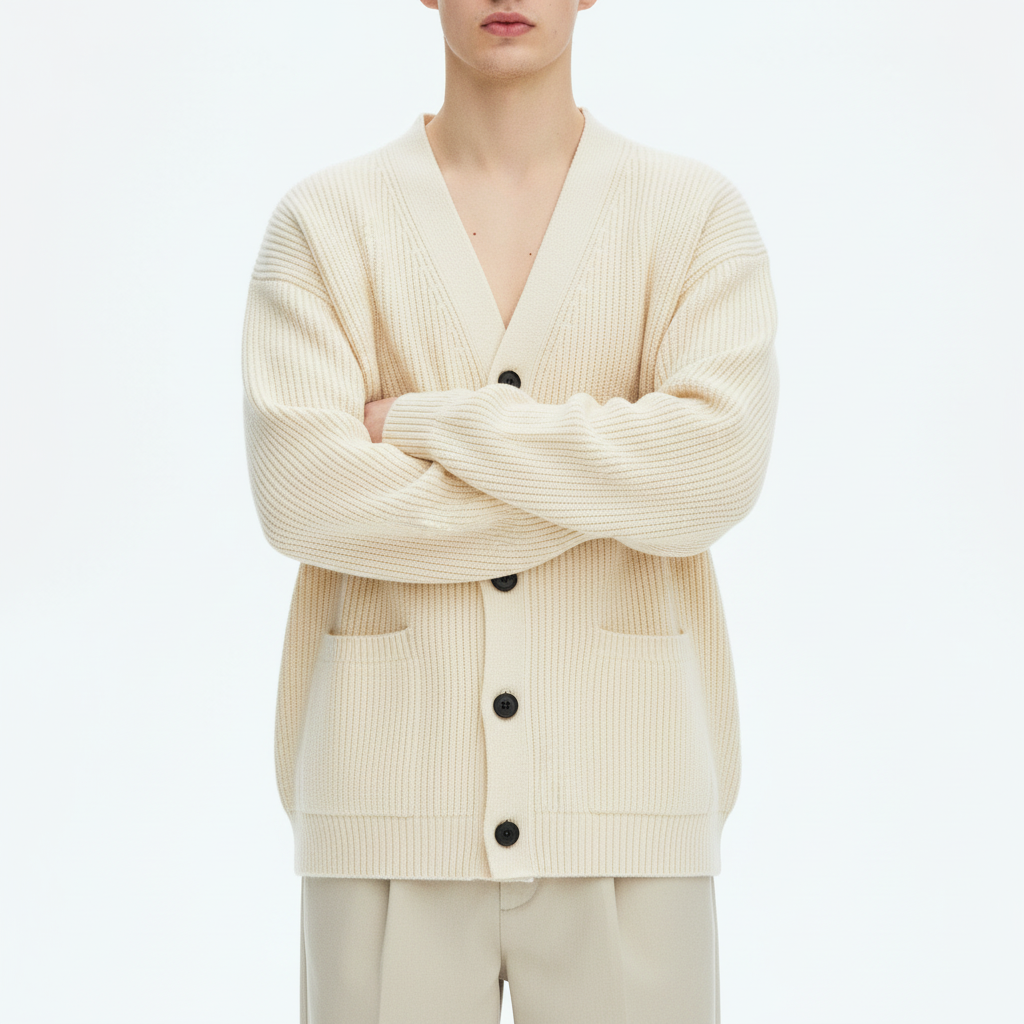 Ribbed V-Neck Cardigan on model in milk white, detail view of the buttons and patch pockets