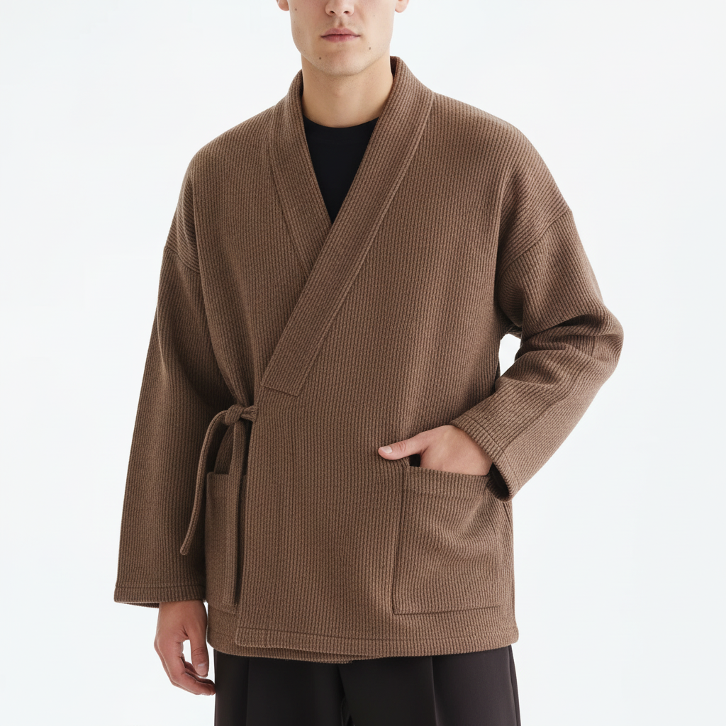 Kimono Robe Coat on model in brown, detail of the side tie