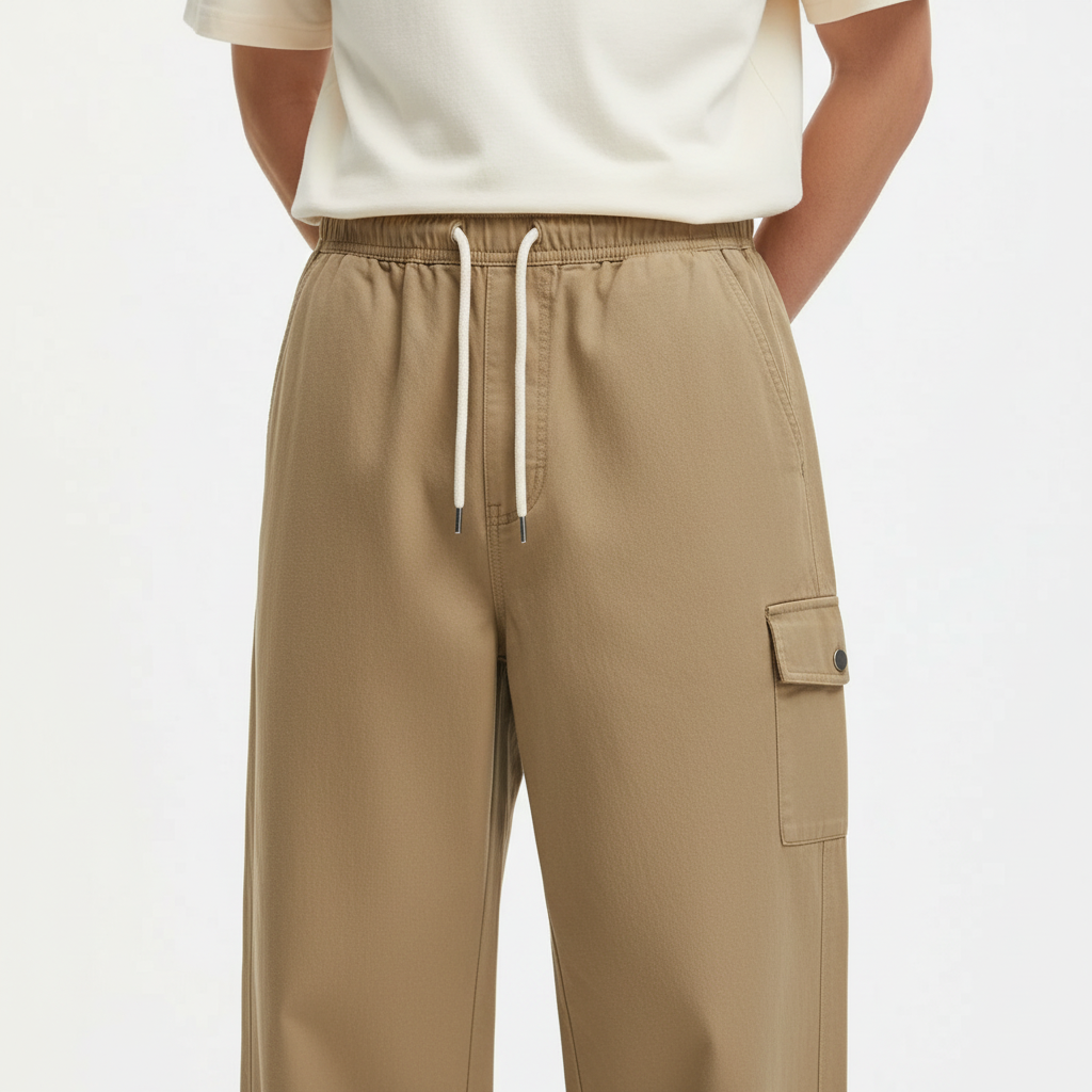 Drawstring Twill Chinos on model in khaki, detail view of the drawstring and snap-flap leg pocket