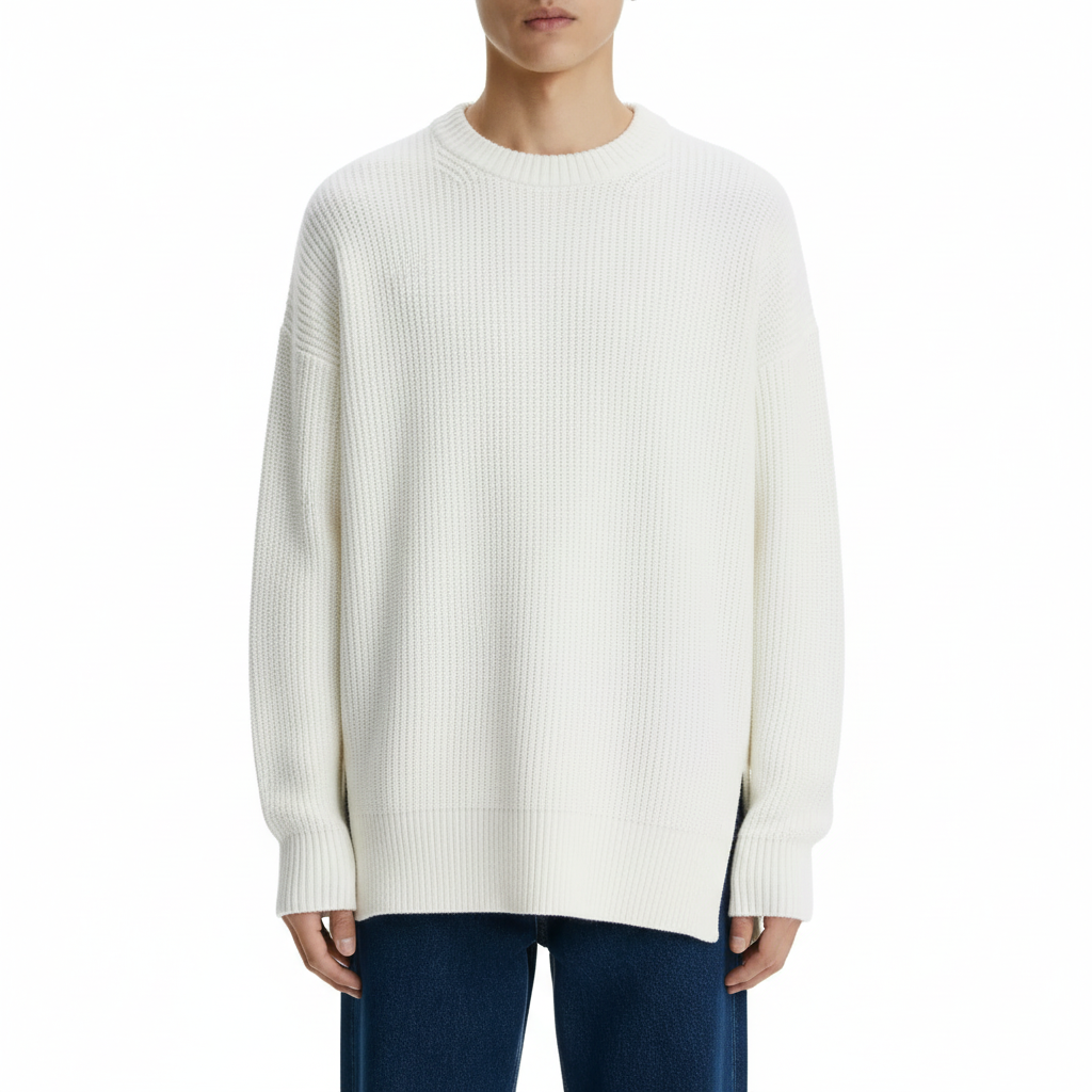 Chunky Knit Crew Sweater on model in ivory, detail view of the rib knit and crew neck