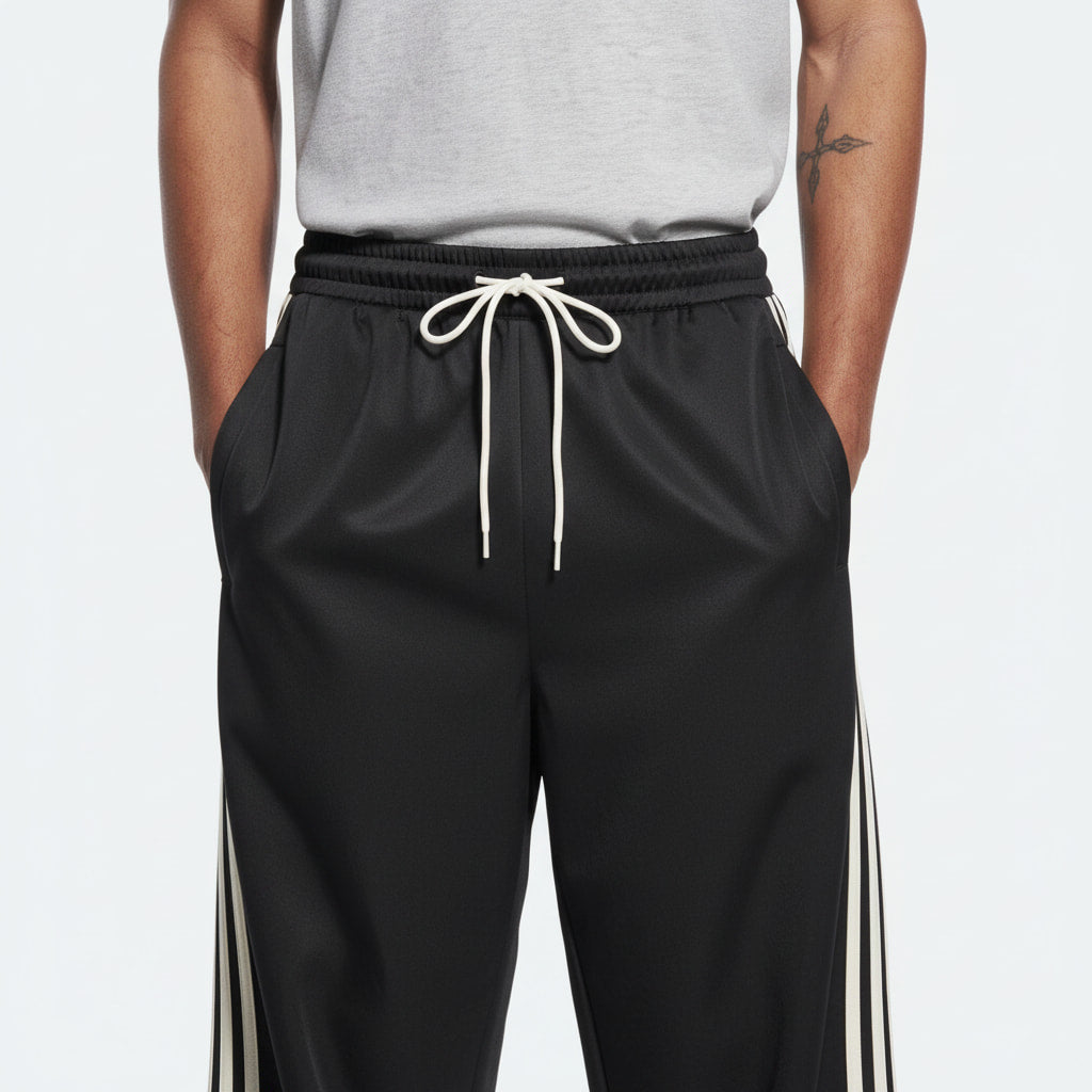 Striped Wide-Leg Track Pants on model - detail view