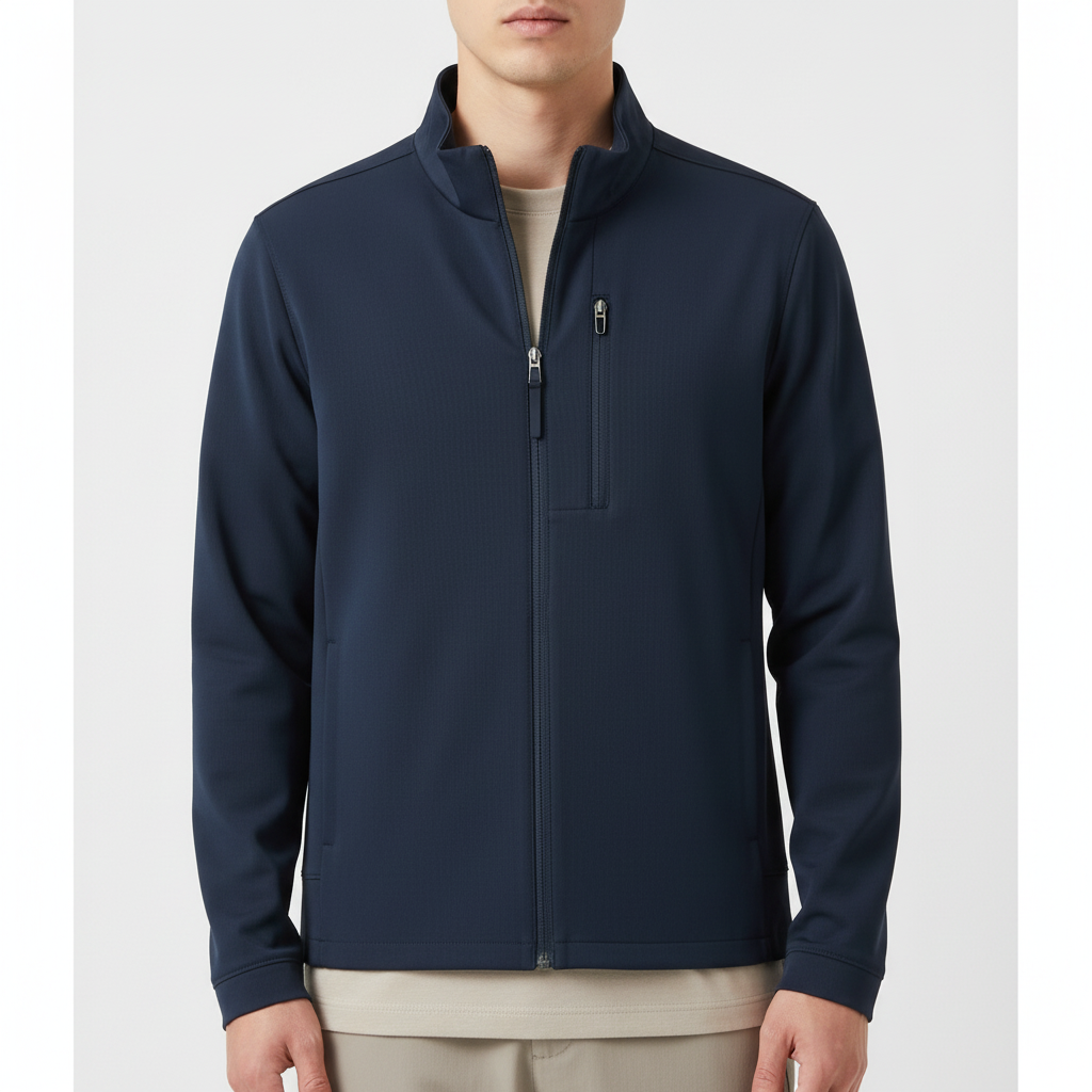 Stretch Travel Jacket on model in navy, detail view of the stand-up neckline and chest zip pocket