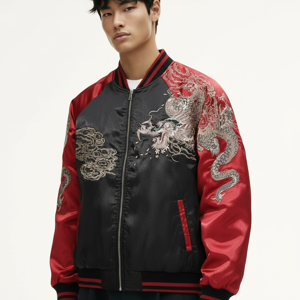 Men's Embroidered Dragon Bomber Jacket on model in khaki, close detail of the dragon embroidery