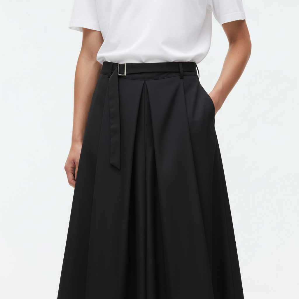 Belted A-line hakama on model, close view of the fabric and construction