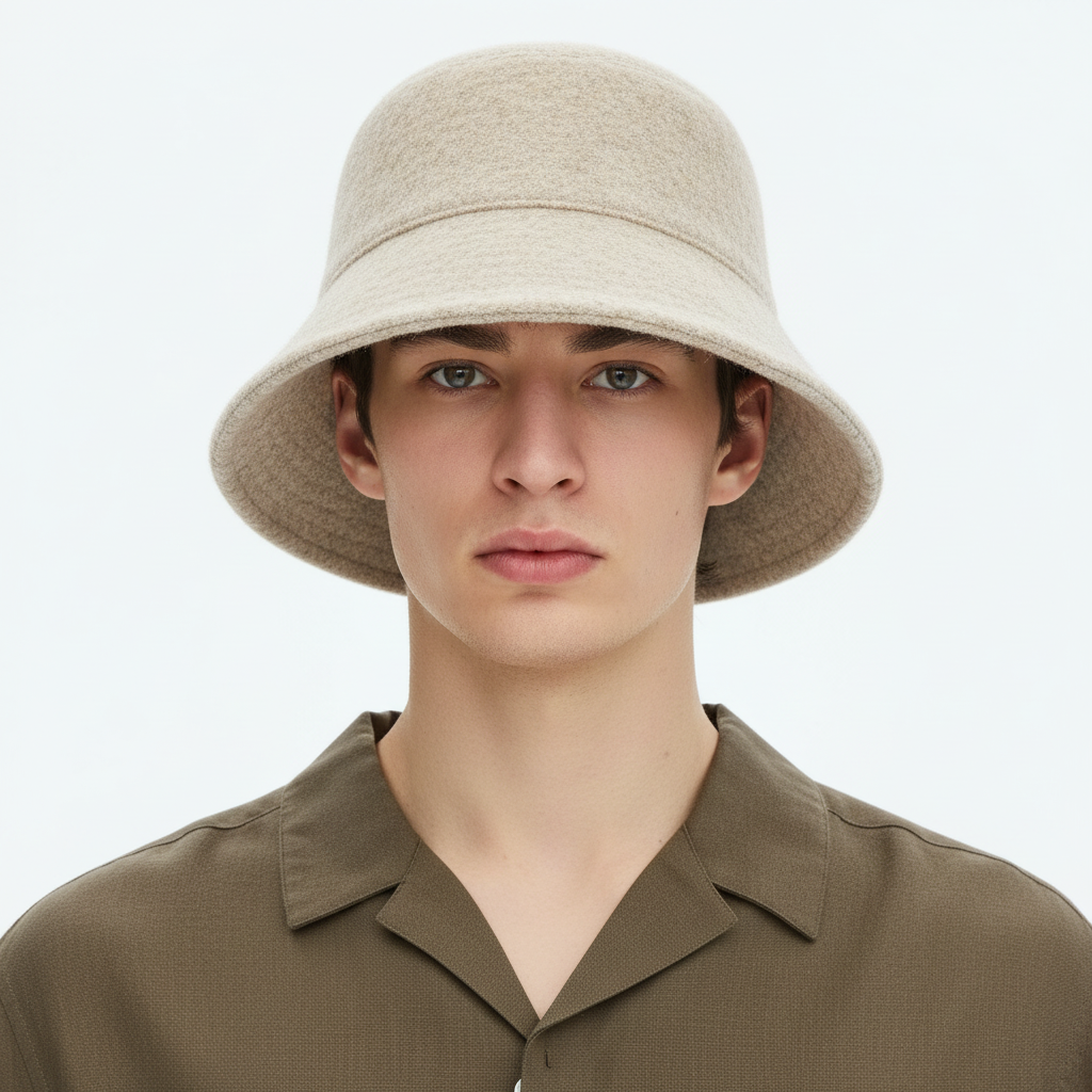 Korean Style Lambswool Bucket Hat on model - Beige - detail