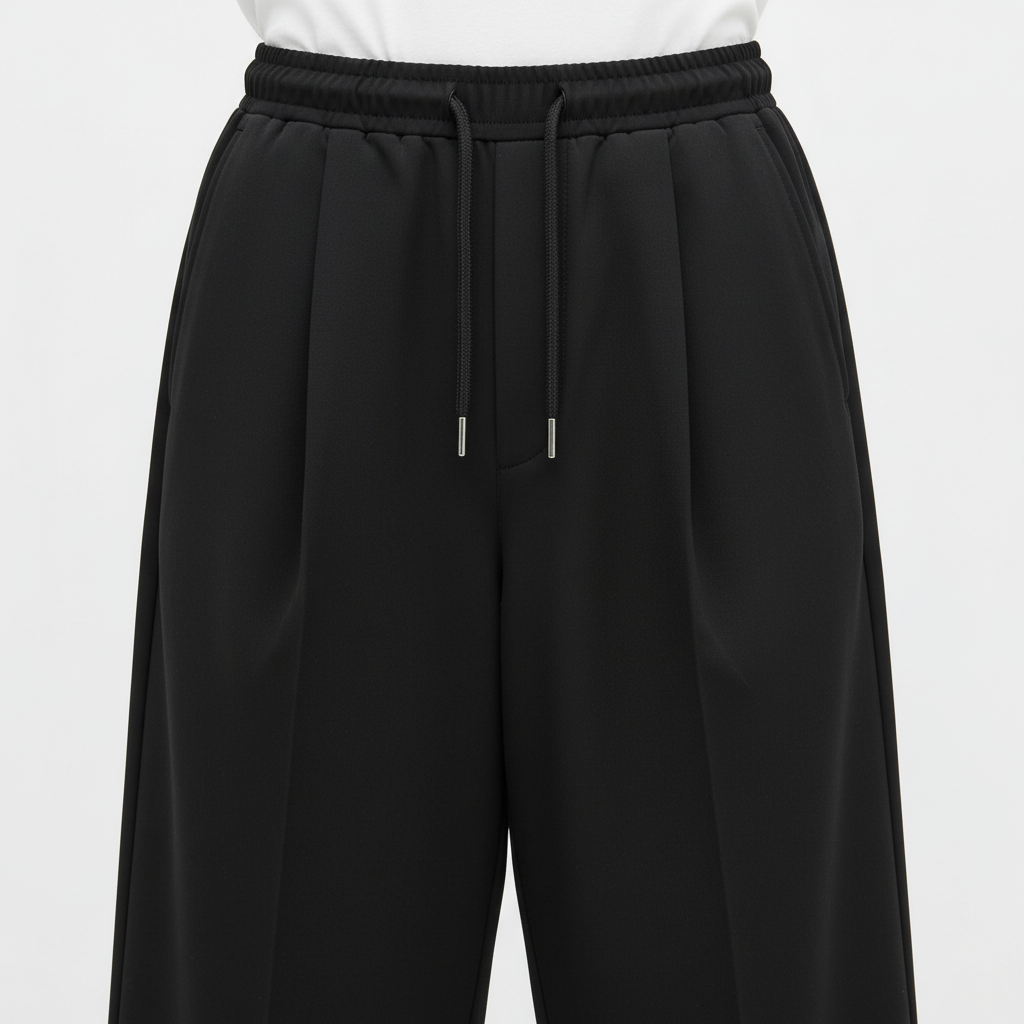 Japanese style drawstring pants on model, close view of the fabric and construction