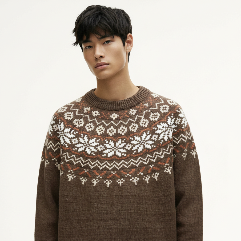 Fair Isle Crew Sweater on model in mocha, detail view of the Fair Isle yoke