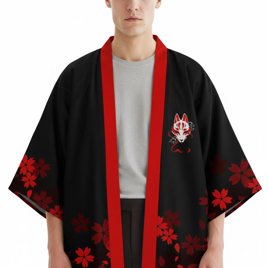 Men's Kitsune Kimono, Fox Mask and Sakura Print, detail