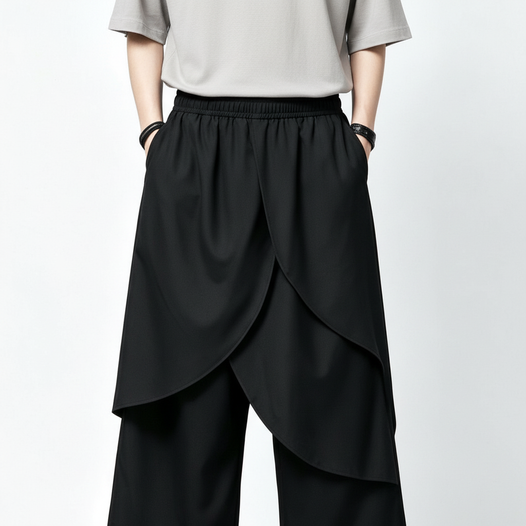 Layered wrap skirt pants on model, close view of the fabric and construction