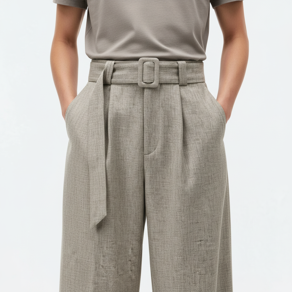 Belted Drape Trousers on model in oat, detail view of the self belt and front pleats