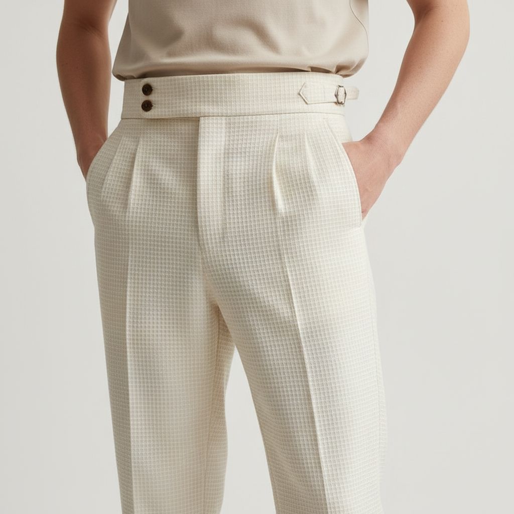 Waffle Gurkha Pants on model in cream, detail view of the two-button tab and side buckle