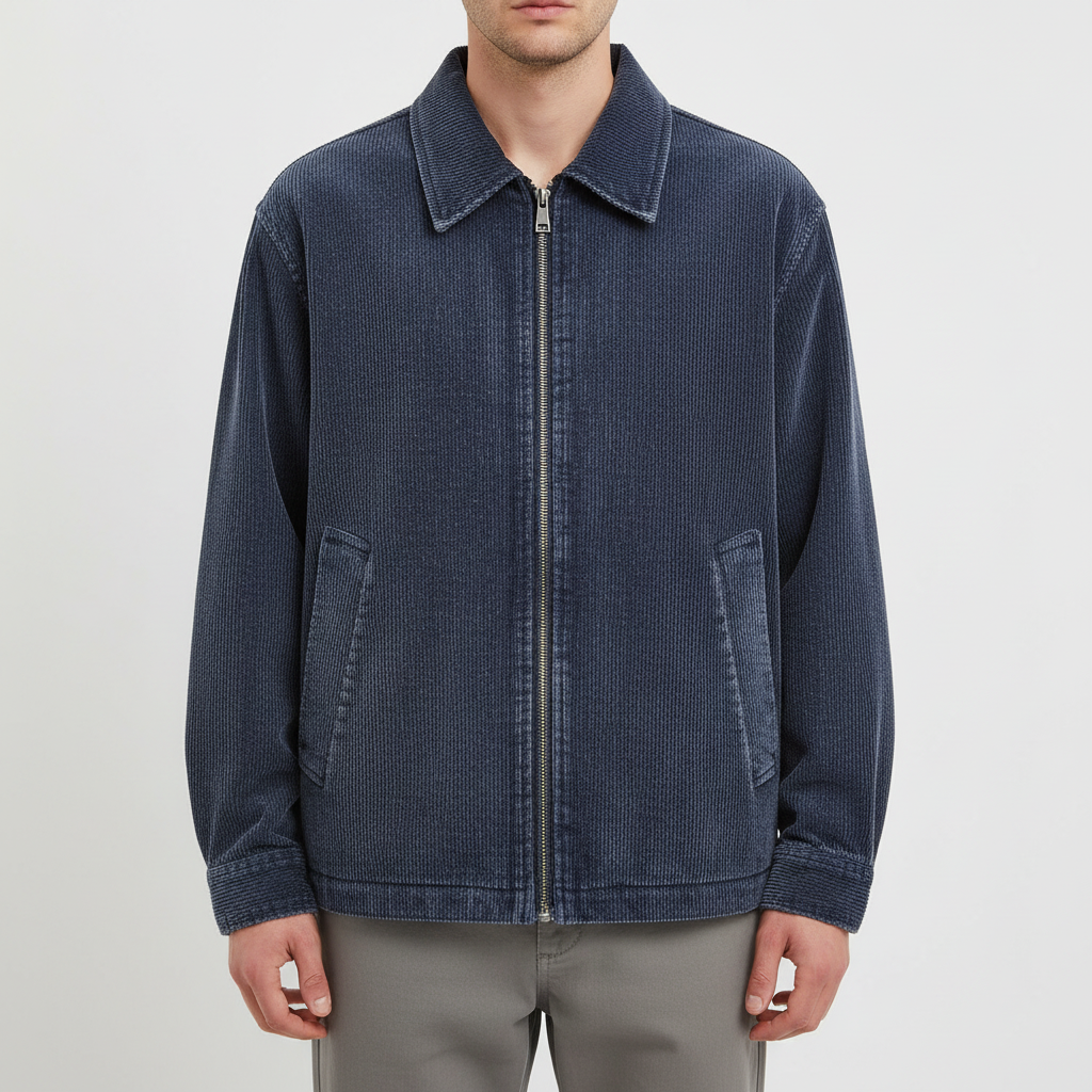 Japanese Retro Amekaji Washed Distressed Corduroy Workwear Jacket and - Boxy Fit Detroit Style on model - Blue - detail