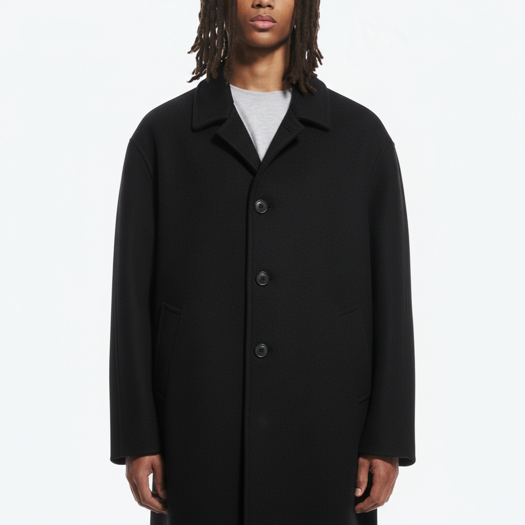 Single Breasted Topcoat on model in black, detail view of the button front