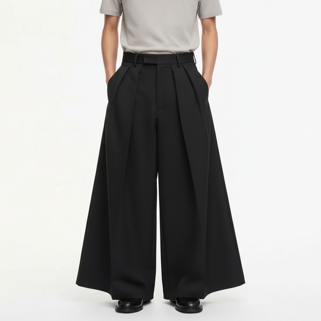 Kendo Samurai Pants on model in black, detail of the front panel