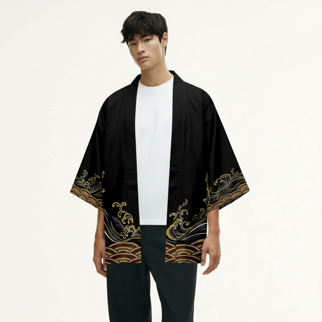 Men's Black Haori, Wave Print Hem and Sleeves, detail