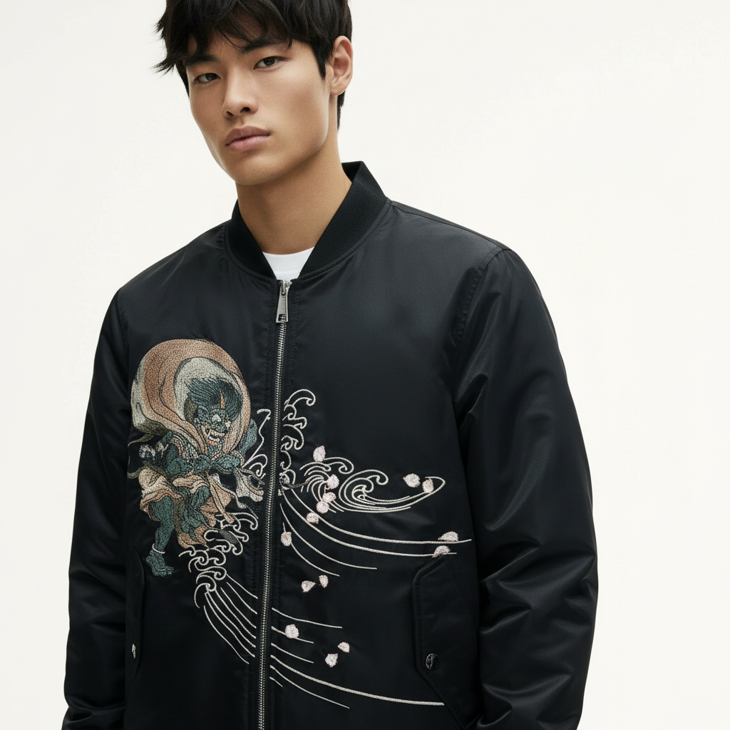 Japanese Raijin Souvenir Jacket on model in black, detail of the embroidery