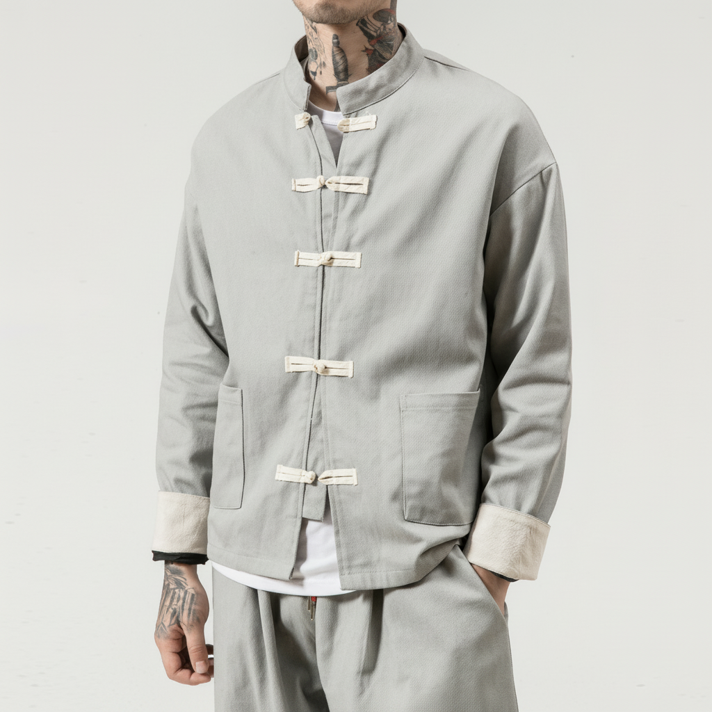 Chinese Tang Suit Jacket on model, detail view