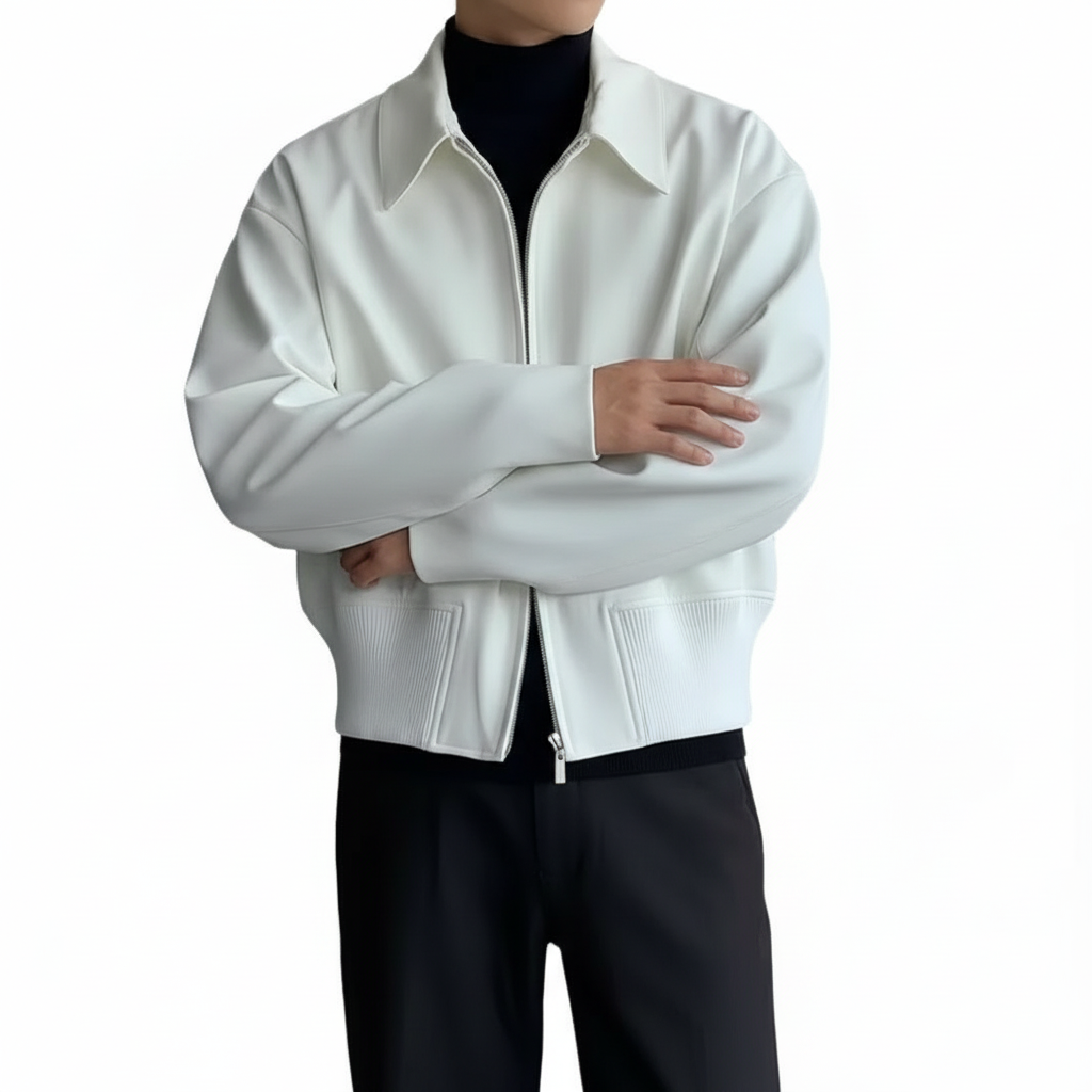 Crop Bomber Jacket on model in off white, detail view of the collar, zip and rib-knit hem