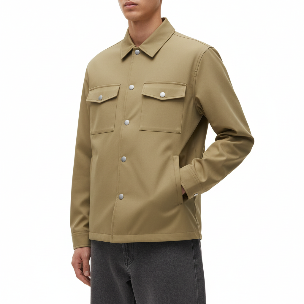 Snap Front Shirt Jacket on model in khaki, detail view of the flap chest pockets