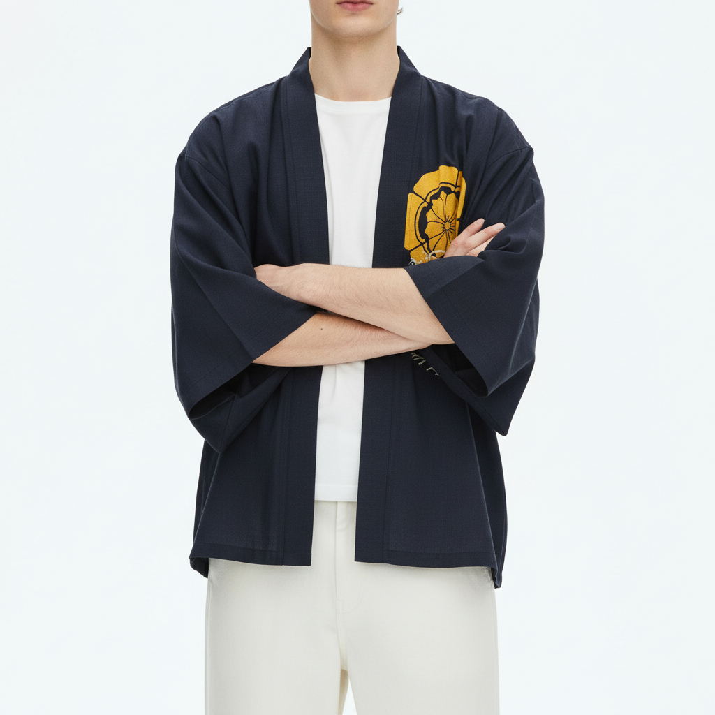Men's Koi Kimono Jacket, Koi and Wave Print, detail