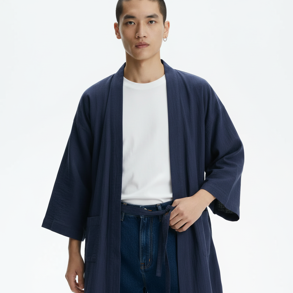 Men's blue kimono robe, navy, close-up