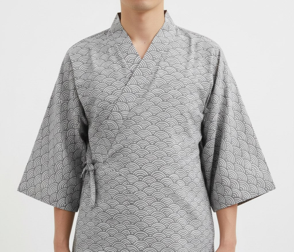 Seigaiha wave jinbei set on model, detail of the fabric and construction