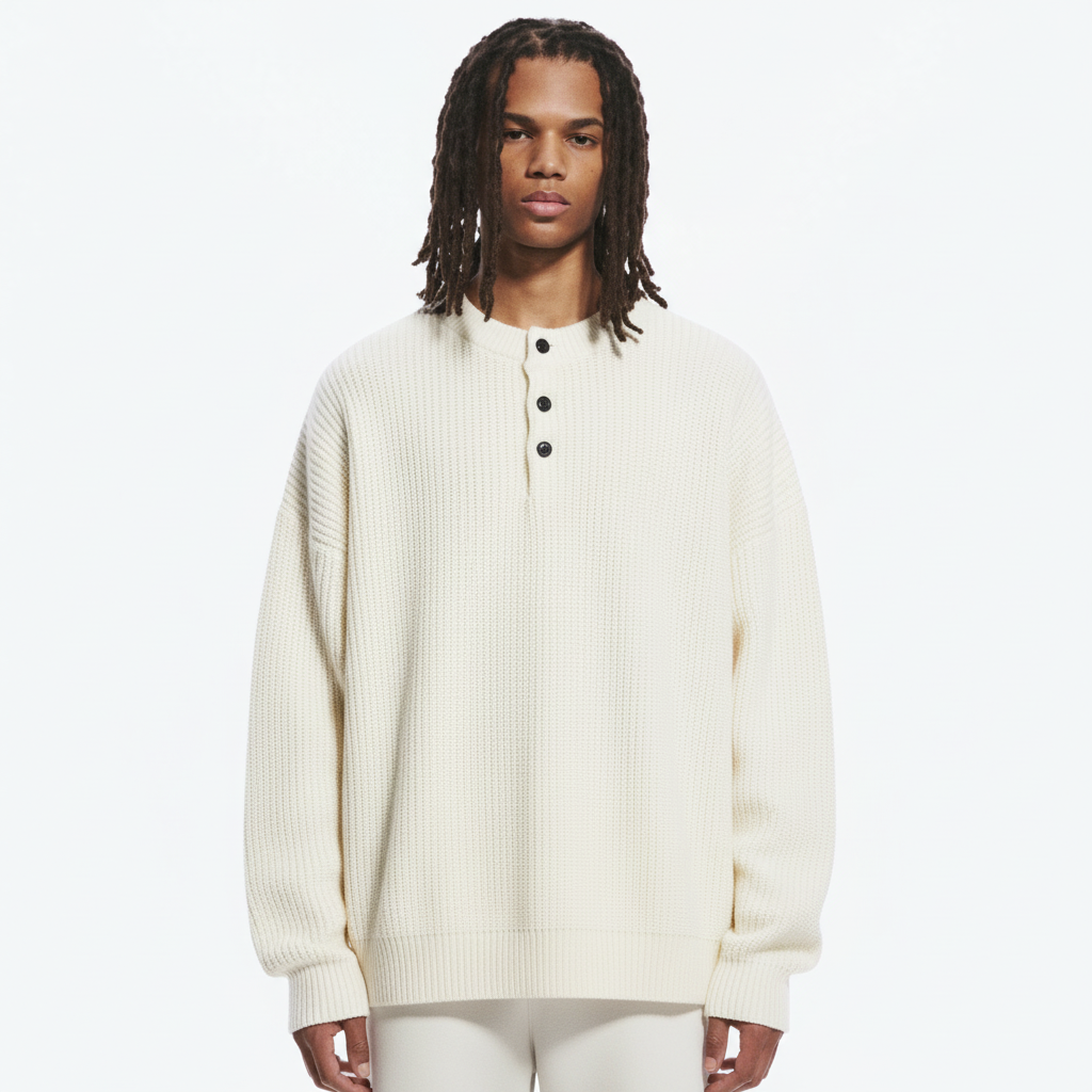 Henley Rib Sweater on model in ivory, detail view of the three-button placket