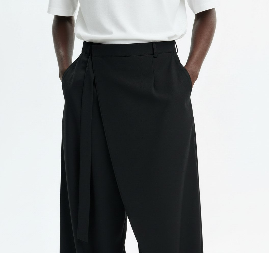 One leg skirt wrap pants on model, detail view of the fabric and construction
