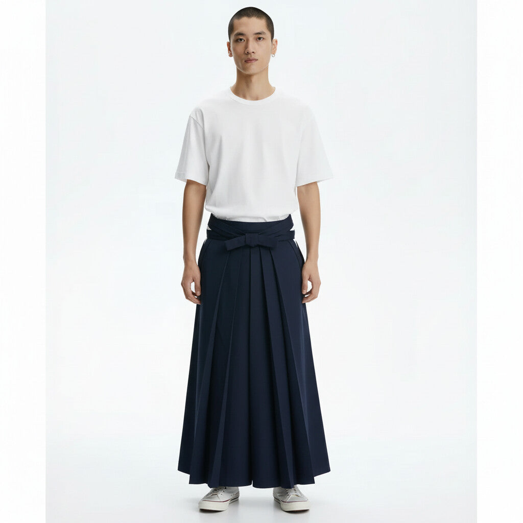 Kendo hakama in navy, front view on model